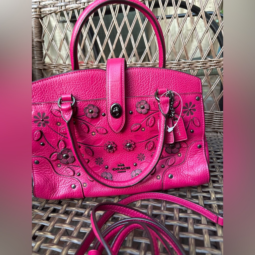 COACH Pink Willow Floral Mercer Satchel 24 In Grain Leather - Picture 7 of 13